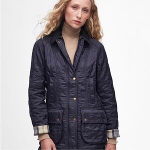 💙 Barbour Beadnell Polarquilt Jacket Coat Size 2 Navy Blue Plaid Lining
